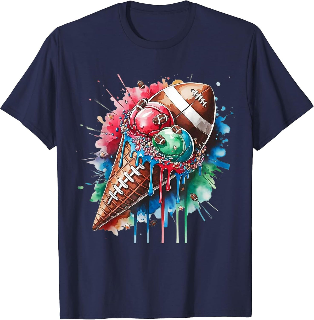 Football Drip Ice Cream Watercolor Cone with Sprinkles T-Shirt - Navy Blue