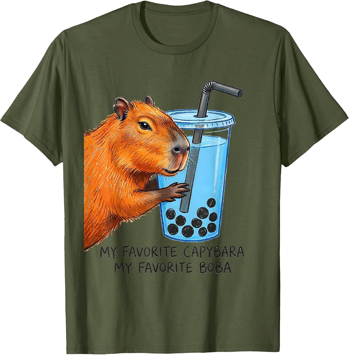 My Favorite Capybara My Favorite Boba Cute Kawaii Anime T-Shirt - Olive Green