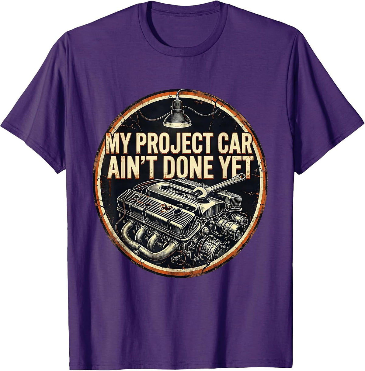 Men's My Project Car Ain't Done Yet Distressed Vintage Muscle Car T-Shirt - Purple