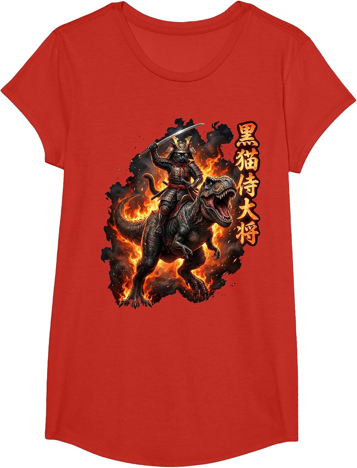 Samurai Cat Riding Dinosaur Japanese Black Cat Kanji T-Shirt - Girls Red