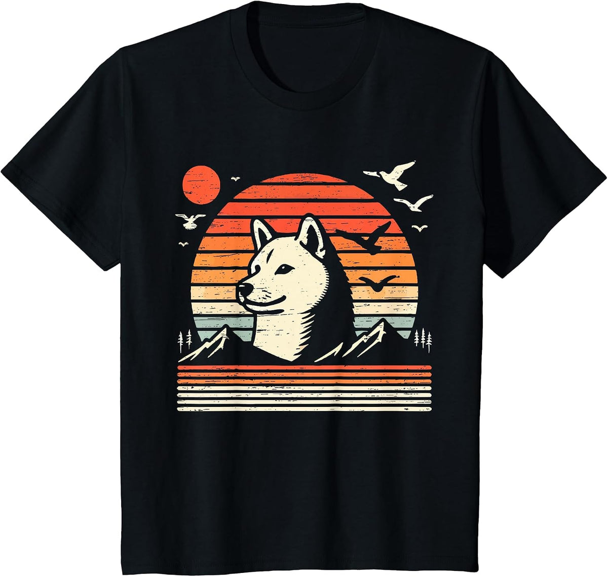 Vintage Shiba Inu Sunset Mountains Birds T-Shirt - Black