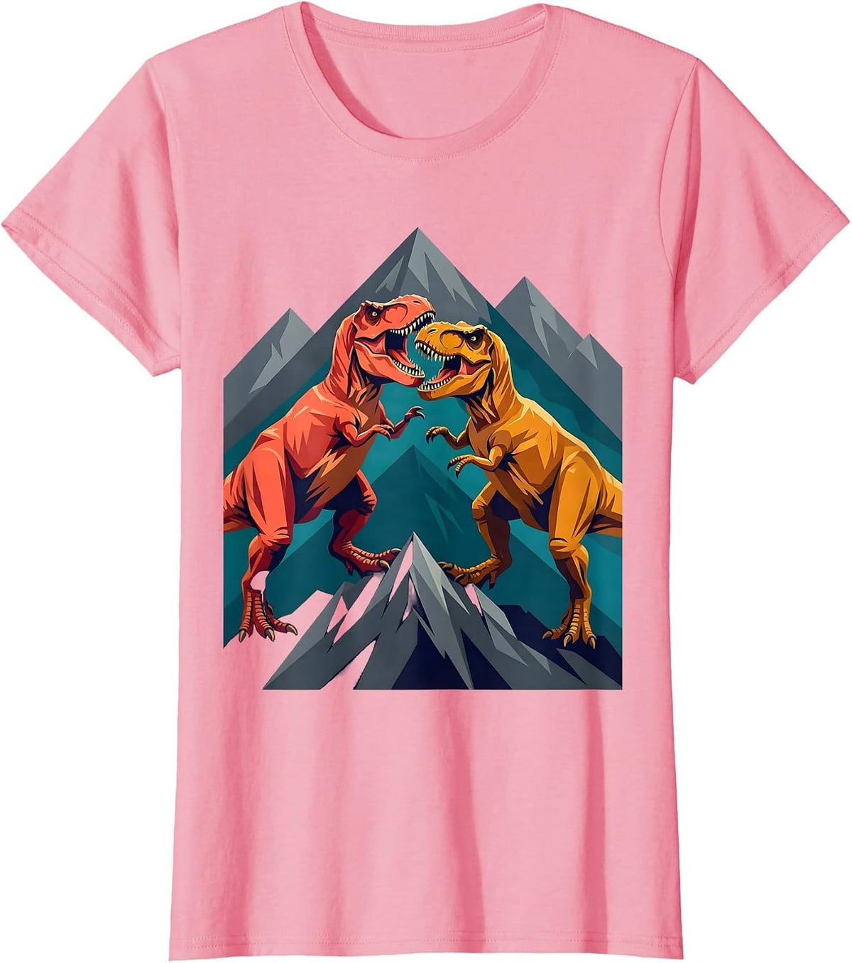 Women's T-Rex Battle on the Mountain Ridge Dinosaur T-Shirt - Pink
