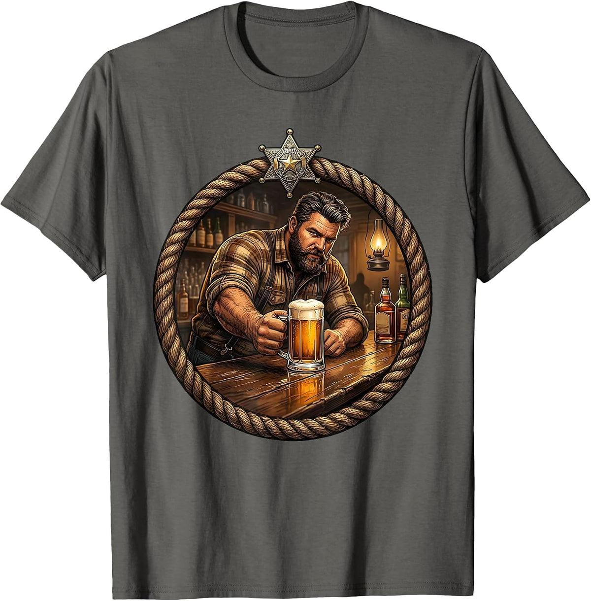 Old Western Saloon Bartender Sliding Beer Mug T-Shirt - Asphalt Grey