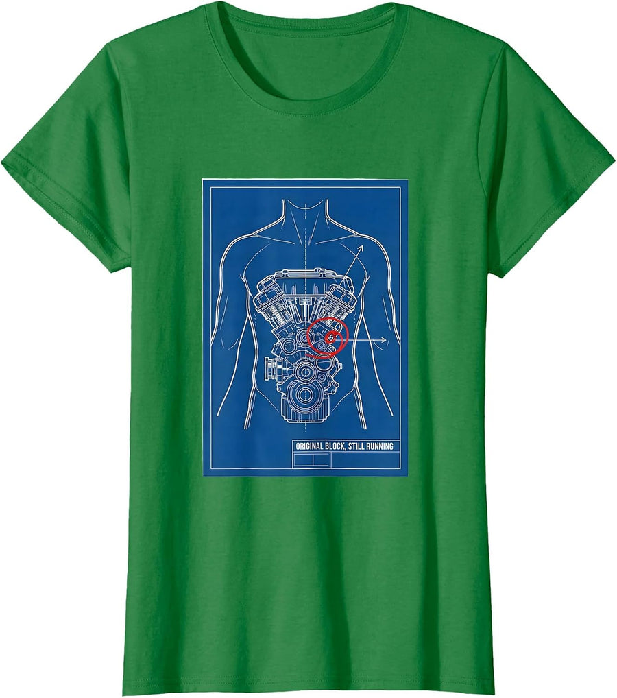 Women's Original Block Still Running Technical Blueprint Muscle Car T-Shirt - Kelly Green
