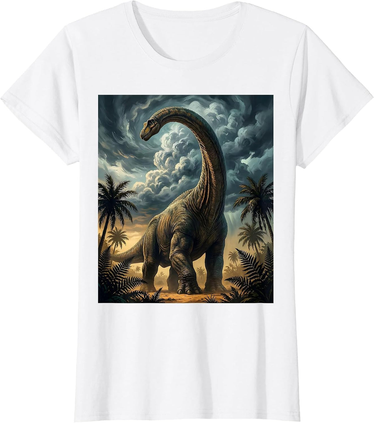 Women's Brachiosaurus Storm Clouds Dinosaur Illustration T-Shirt - White