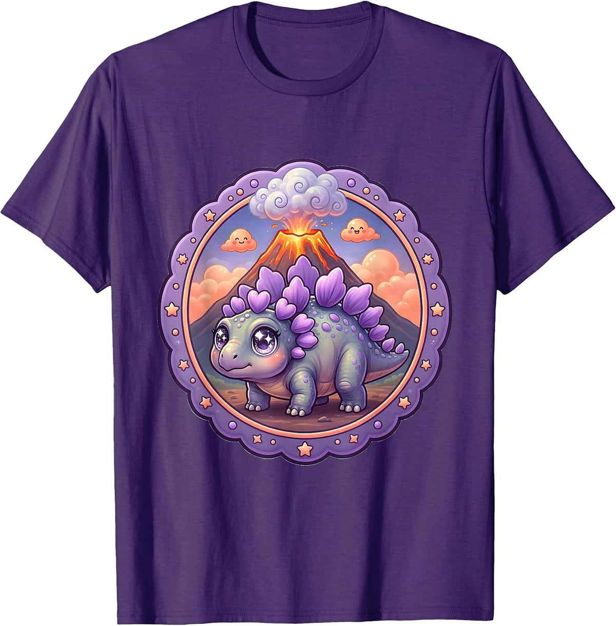 Stegosaurus Silhouette Volcano Eruption Dinosaur T-Shirt - Purple
