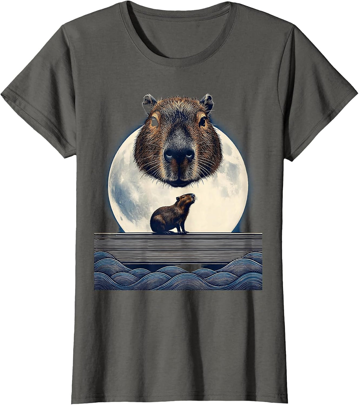 Women's Capybara Head Mask Ukiyo-e Howling Moon Meme T-Shirt - Asphalt Grey