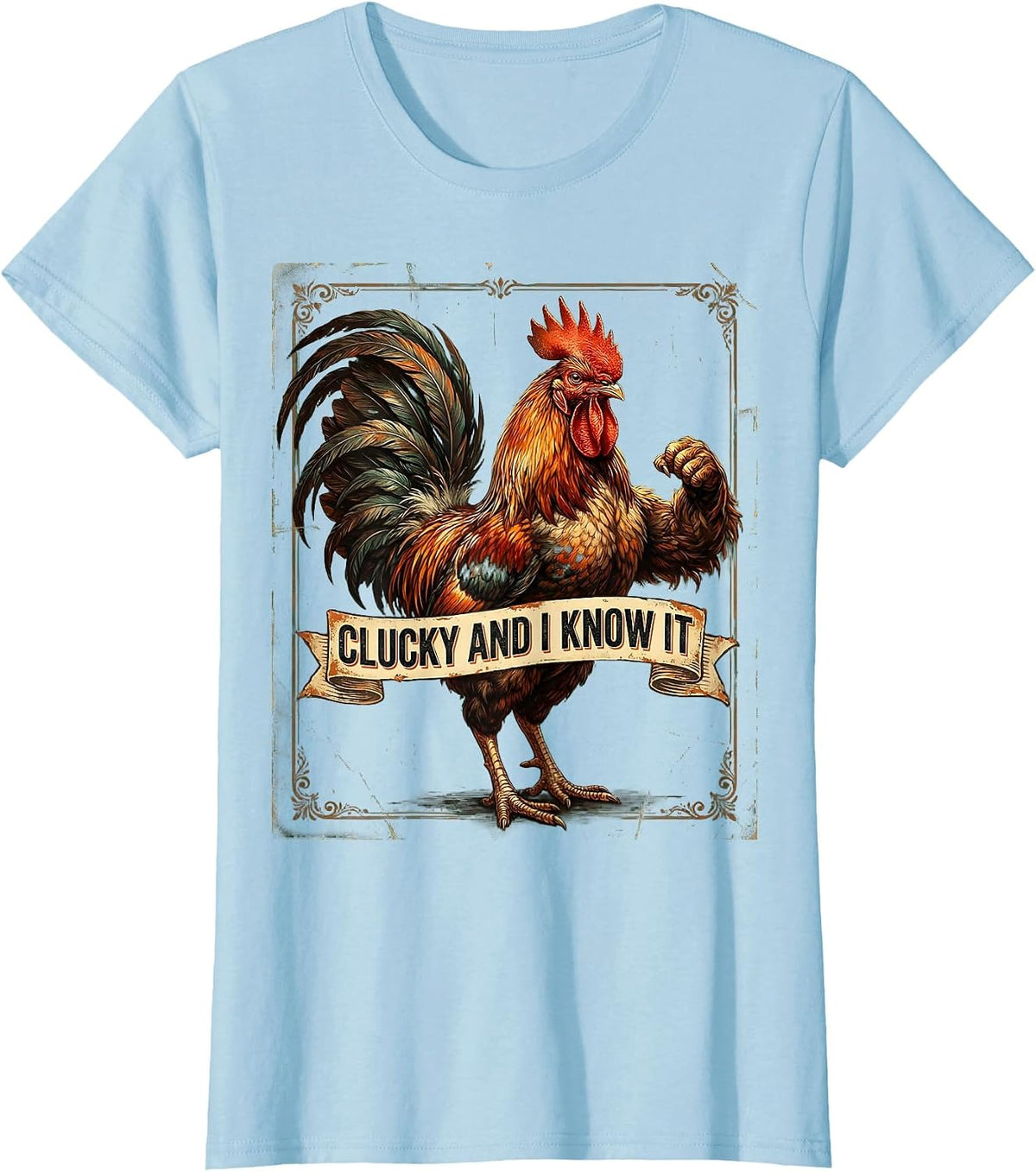 Clucky and I Know It Funny Chicken Design T-Shirt - Baby Blue