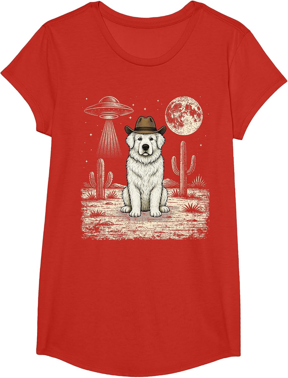 Funny Great Pyrenees Cowboy Western Dog UFO T-Shirt - Girls Red