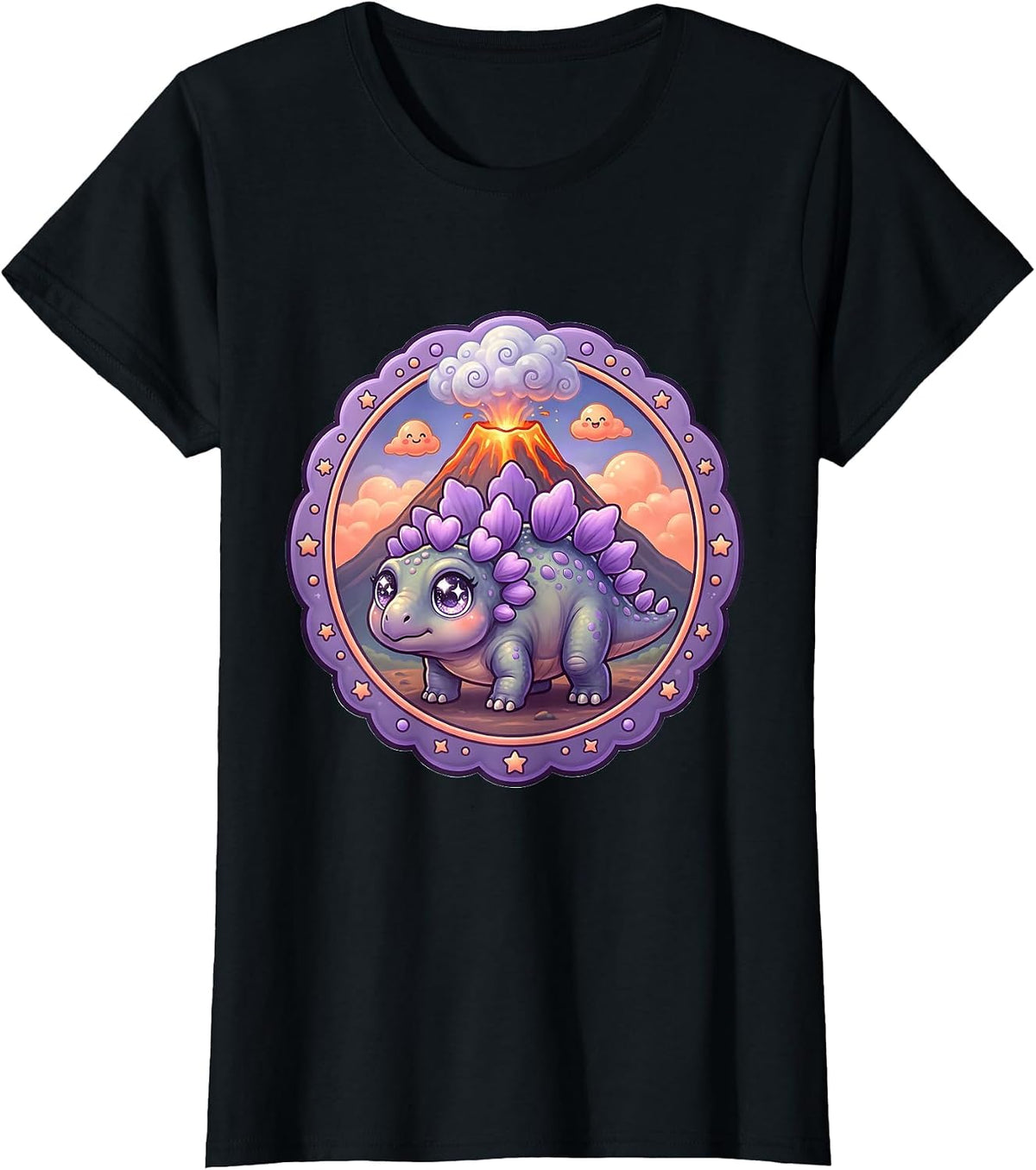 Stegosaurus Silhouette Volcano Eruption Dinosaur T-Shirt - Black