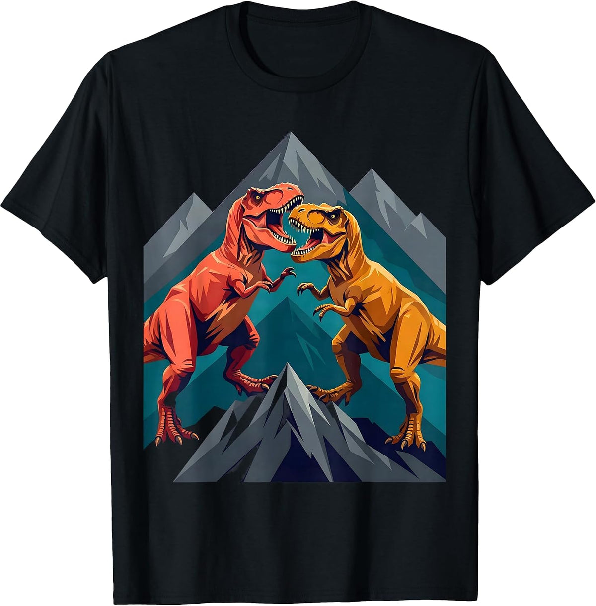 Men's T-Rex Battle on the Mountain Ridge Dinosaur T-Shirt - Black