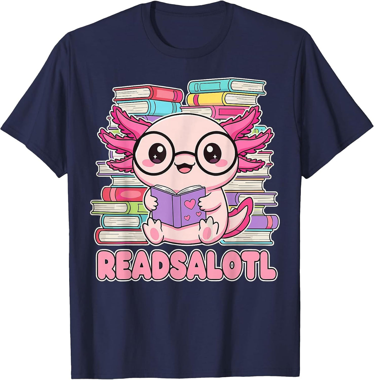 Readsalotl Axolotl Reading Book Bookworm T-Shirt - Navy Blue