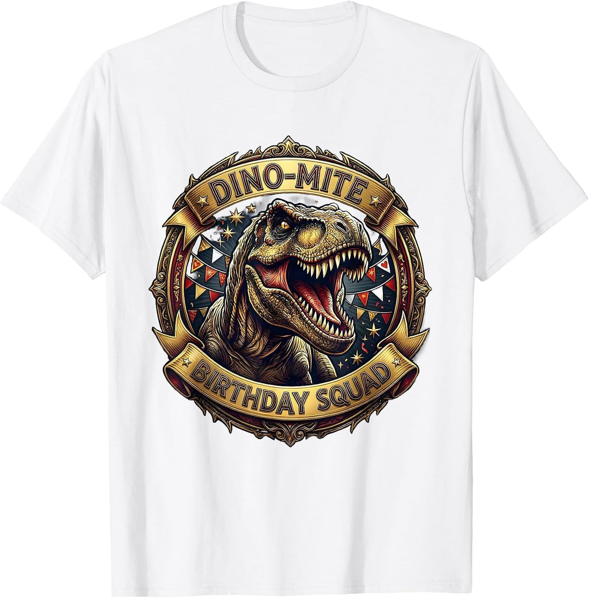 Men's Dino-Mite Birthday Squad Dinosaur Design T-Shirt - White