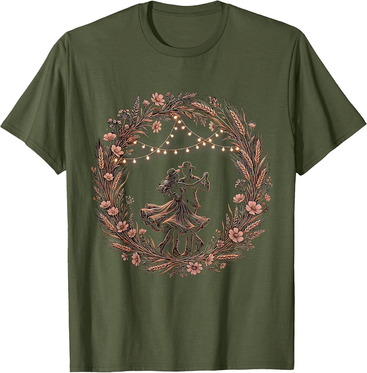 Two-Step Dancing Under String Lights Country Music T-Shirt - Olive Green