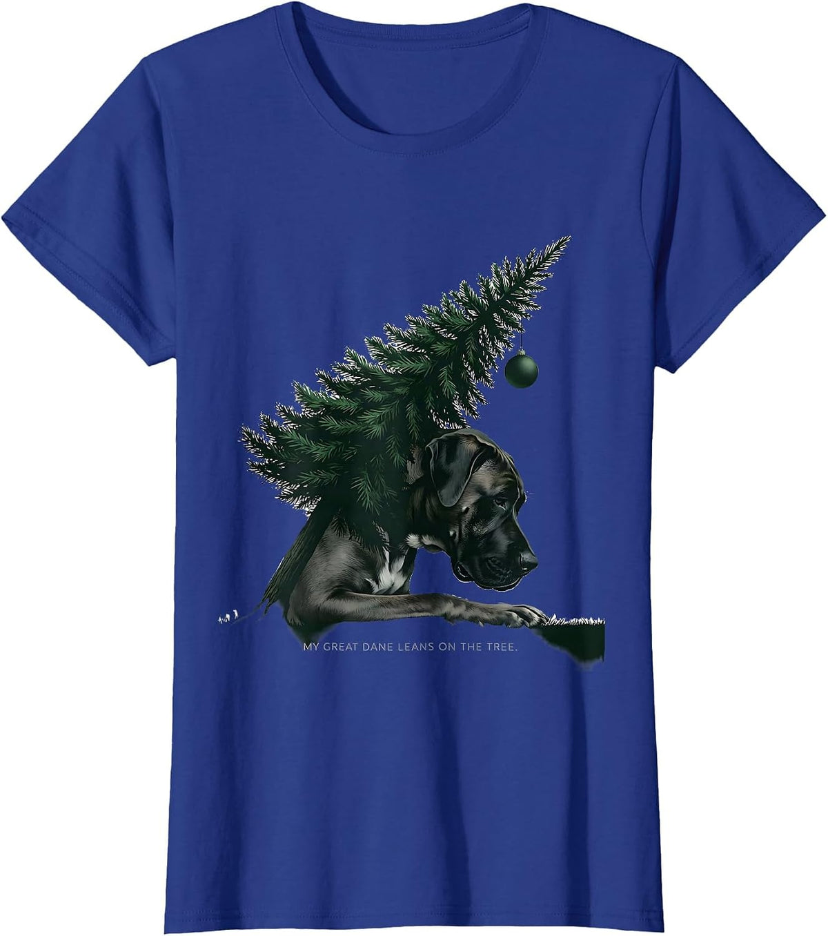 Women's My Great Dane Leans On The Tree Funny Dog Lover Christmas T-Shirt - Royal Blue