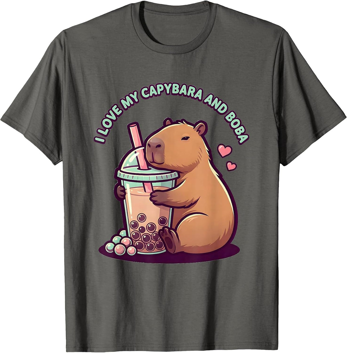 I Love My Capybara And Boba Cute Kawaii Anime Animal Boba T-Shirt - Asphalt Grey