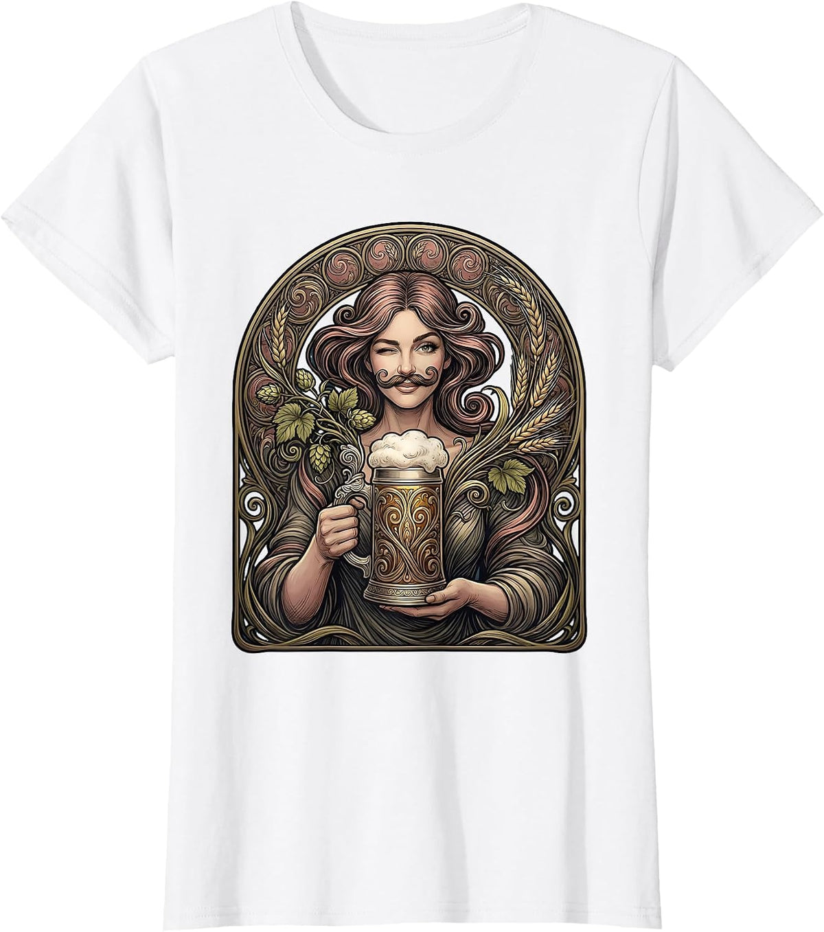 Women's Beer Foam Mustache Winking Illustration T-Shirt - White