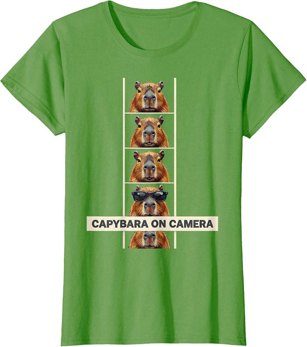 Women's Capybara On Camera Funny Animal Portrait Photobooth Humor T-Shirt - Grass Green