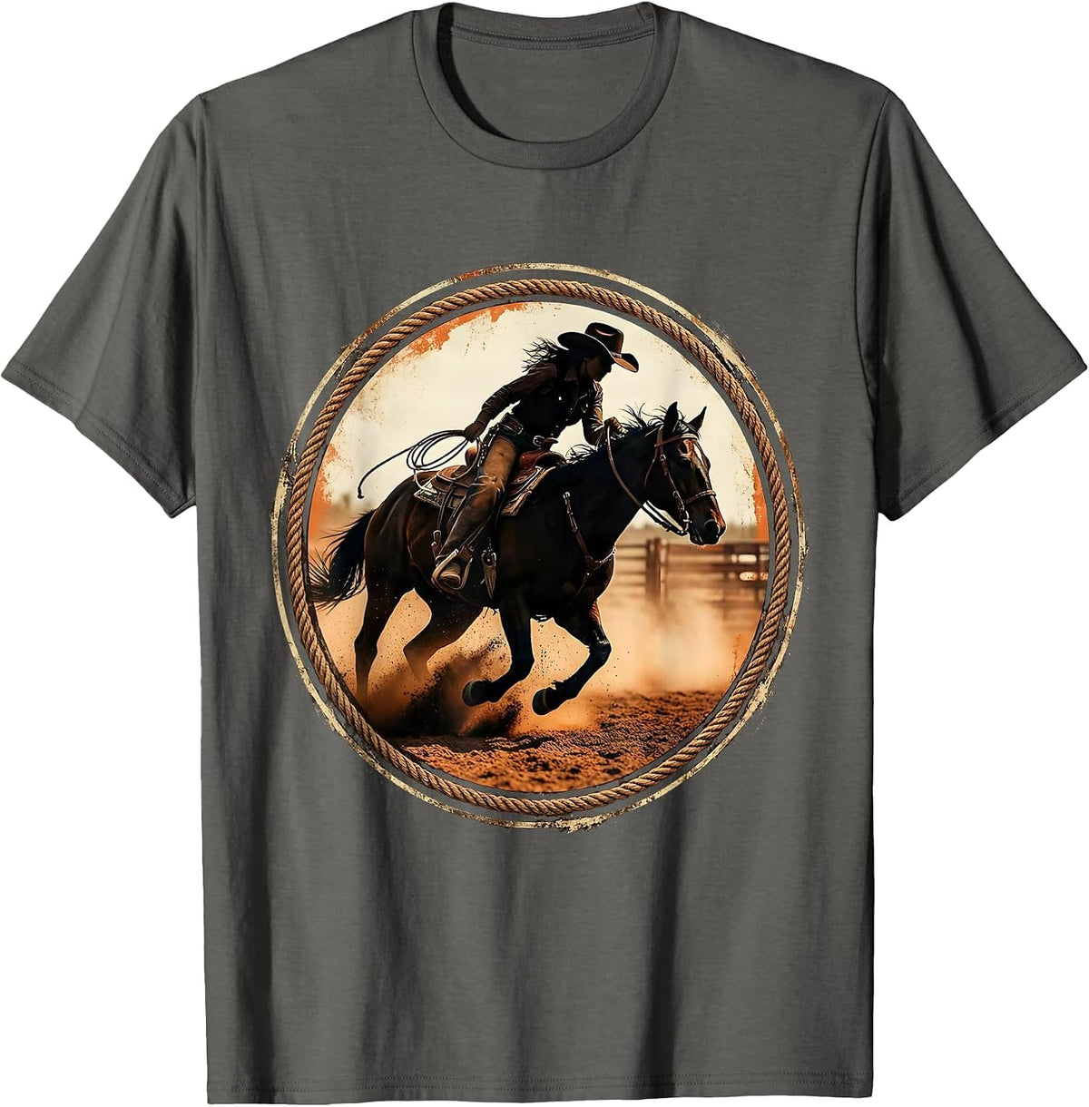 Rodeo Cowgirl Barrel Racing Illustration T-Shirt - Asphalt Grey