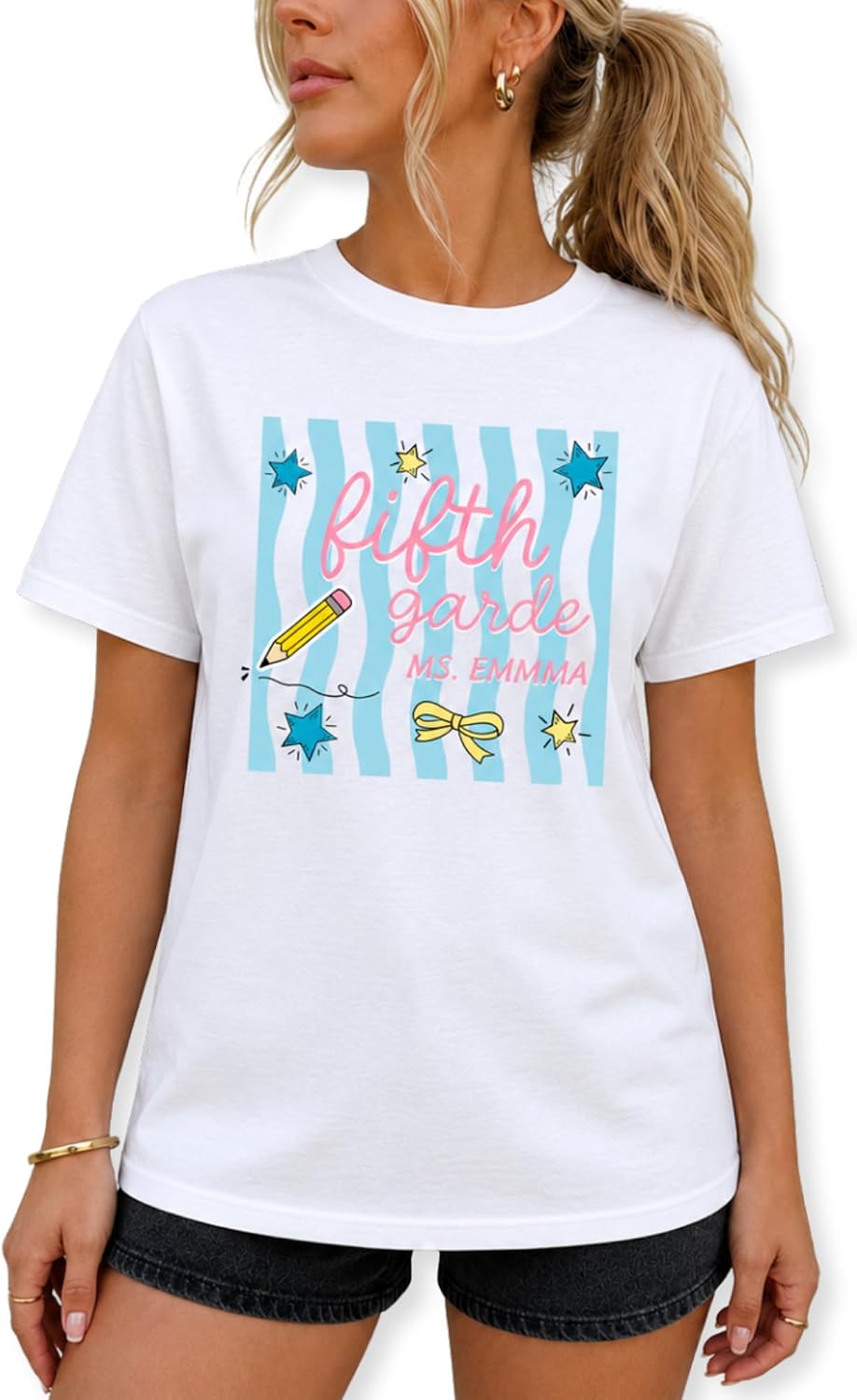 Custom Teacher Graphic T-Shirt Grade Level Name Women Gift - Fifth Grade