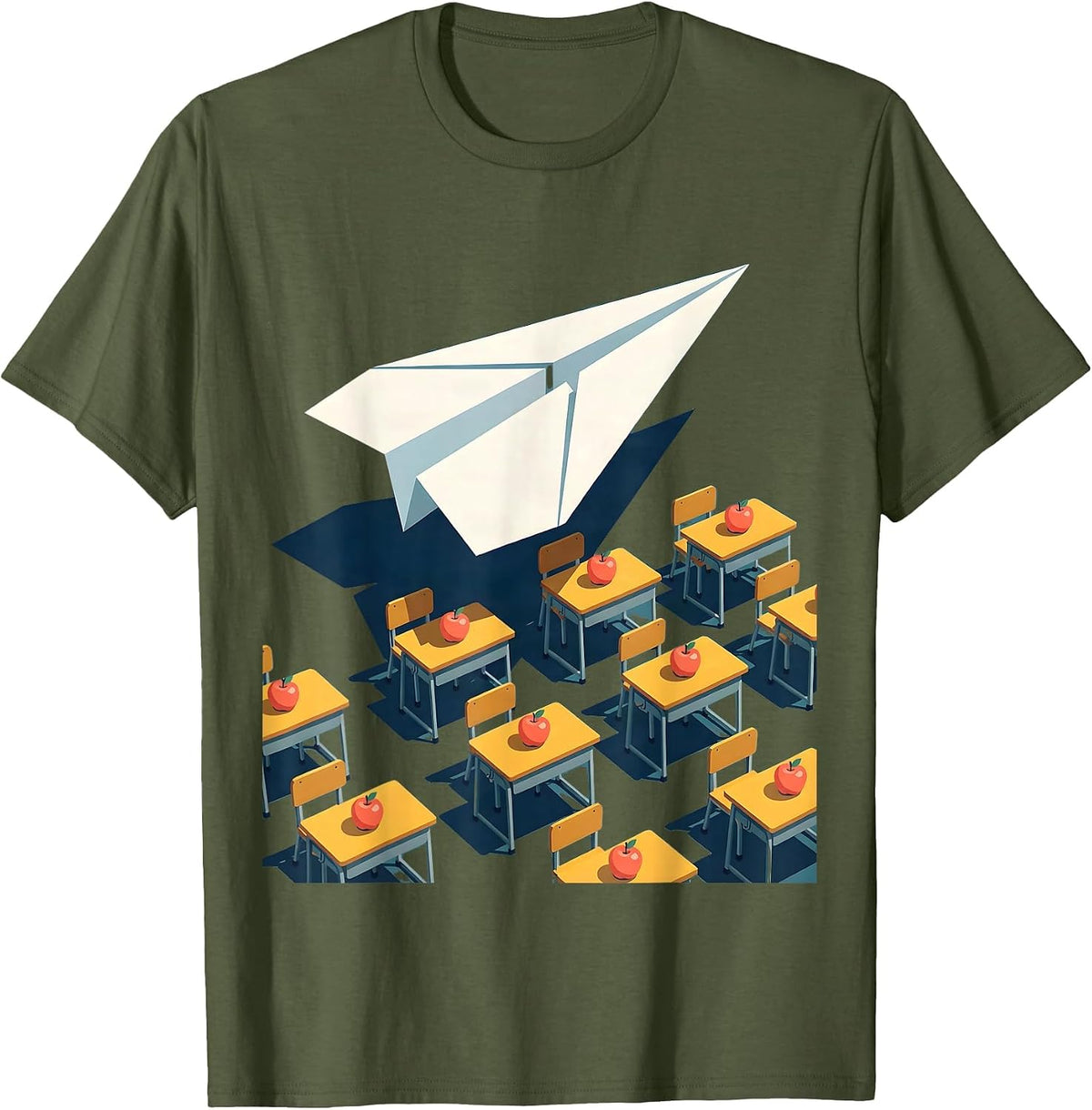 Men's First Grade Teacher Paper Airplane Classroom Art T-Shirt - Olive Green