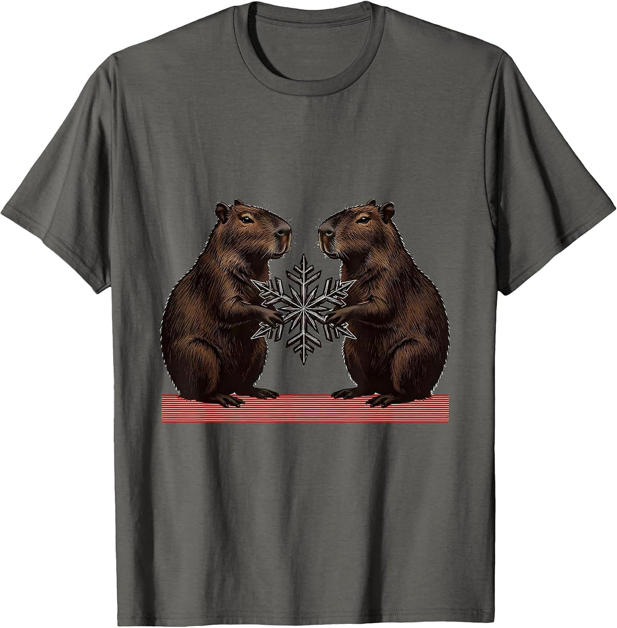 Men's Mirrored Capybaras Snowflake Wood Type Letterpress Christmas T-Shirt - Asphalt Grey