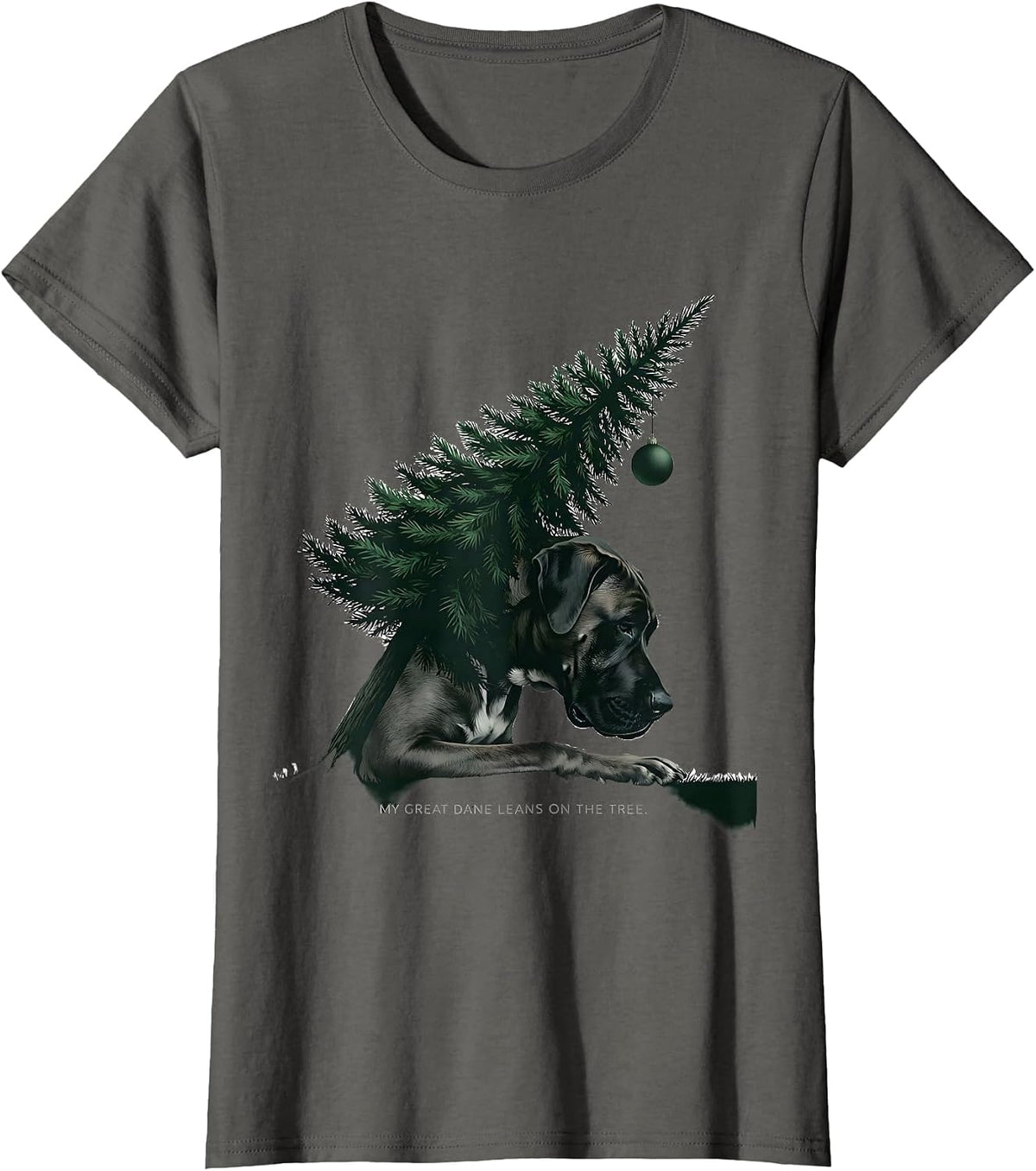 Women's My Great Dane Leans On The Tree Funny Dog Lover Christmas T-Shirt - Asphalt Grey