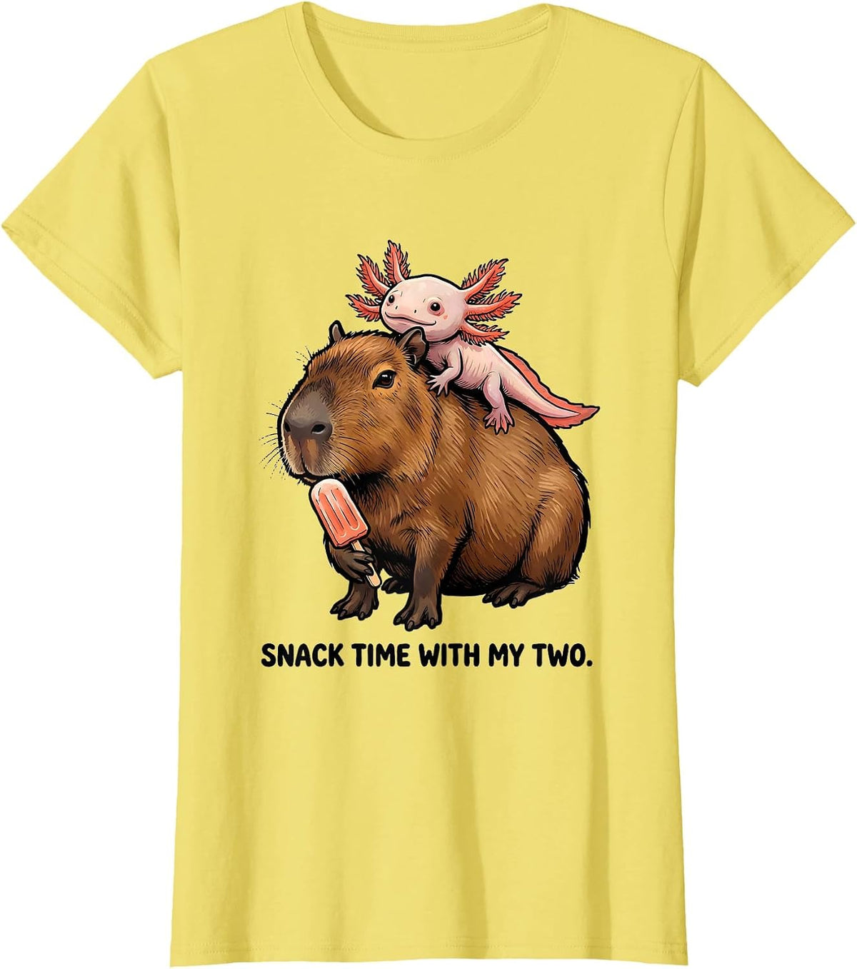 Snack Time With My Two Cute Capybara Axolotl Kawaii Animal T-Shirt - Lemon Yellow