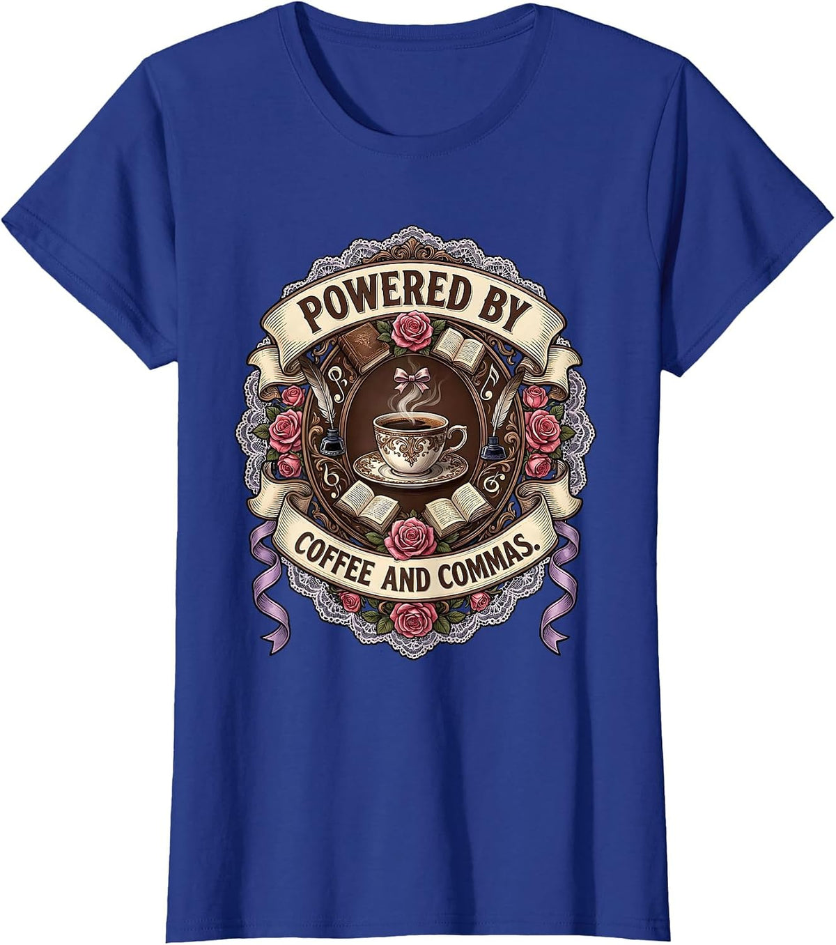 Women's Powered by Coffee and Commas English Teacher T-Shirt - Royal Blue