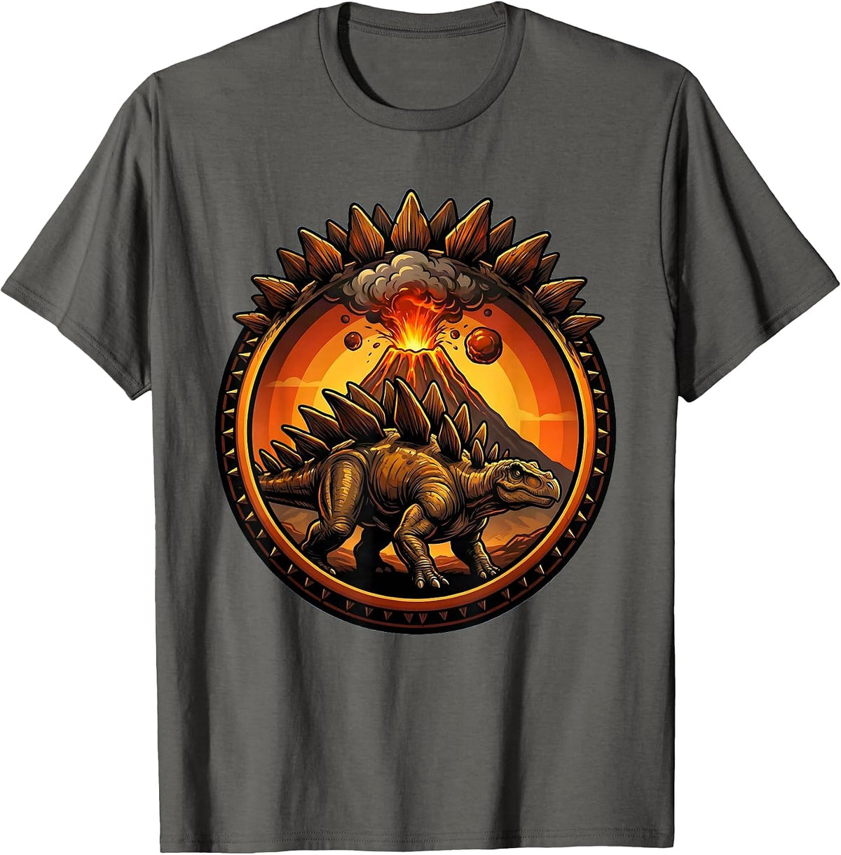 Stegosaurus Silhouette Volcano Sunset Dinosaur T-Shirt - Asphalt Grey