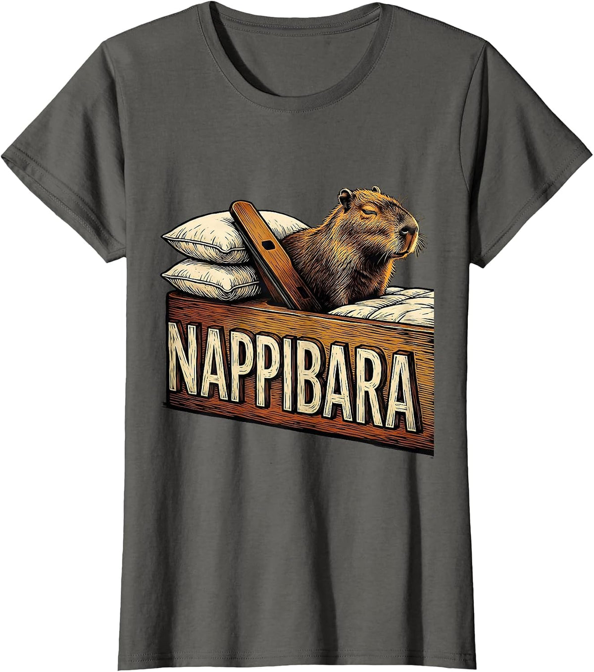 Women's Nappibara Cute Capybara Sleepy Pajama Pun Kids Adults T-Shirt - Asphalt Grey