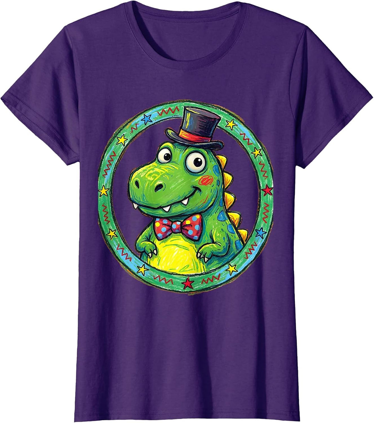 Women's Derpy Dinosaur Tiny Hat and Bowtie Illustration T-Shirt - Purple