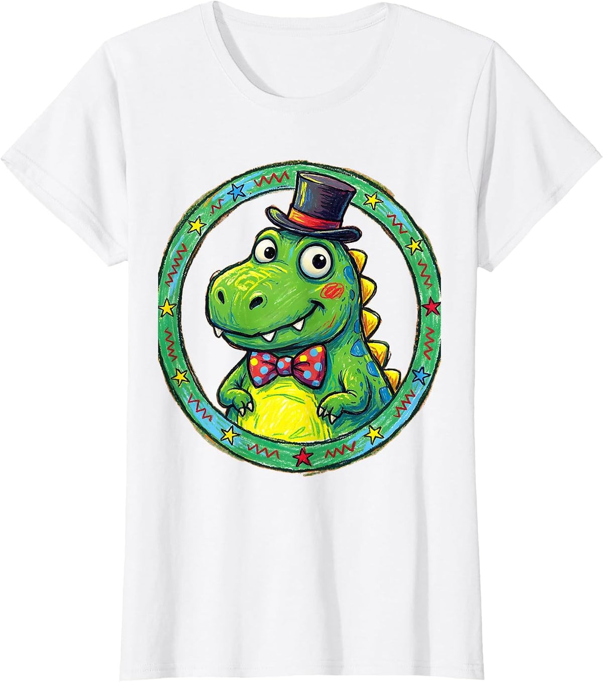 Women's Derpy Dinosaur Tiny Hat and Bowtie Illustration T-Shirt - White