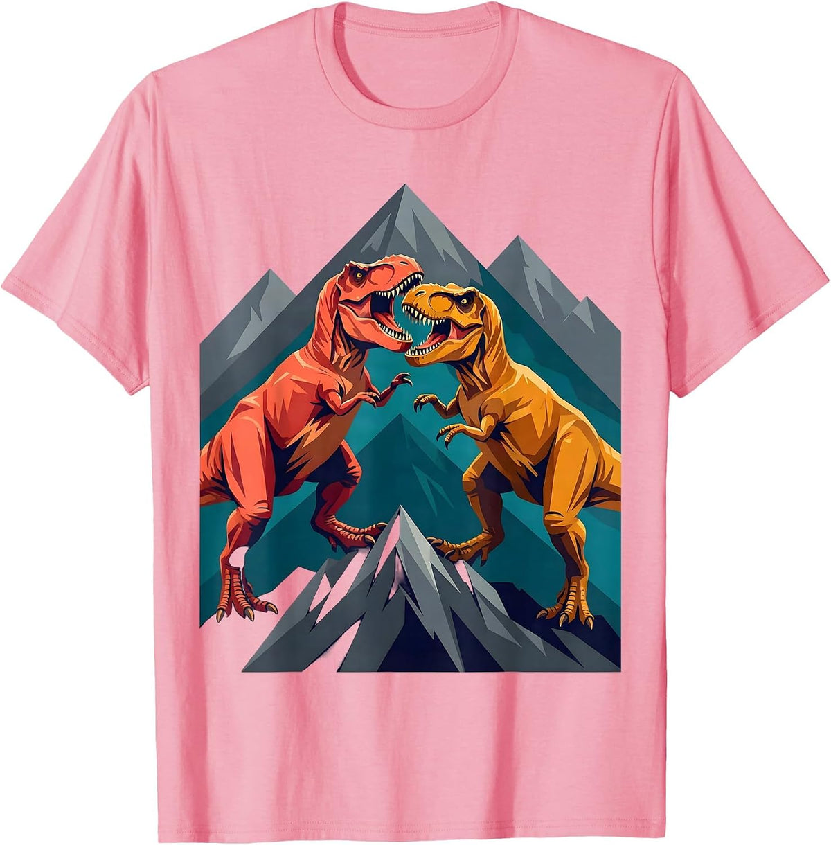 Men's T-Rex Battle on the Mountain Ridge Dinosaur T-Shirt - Pink