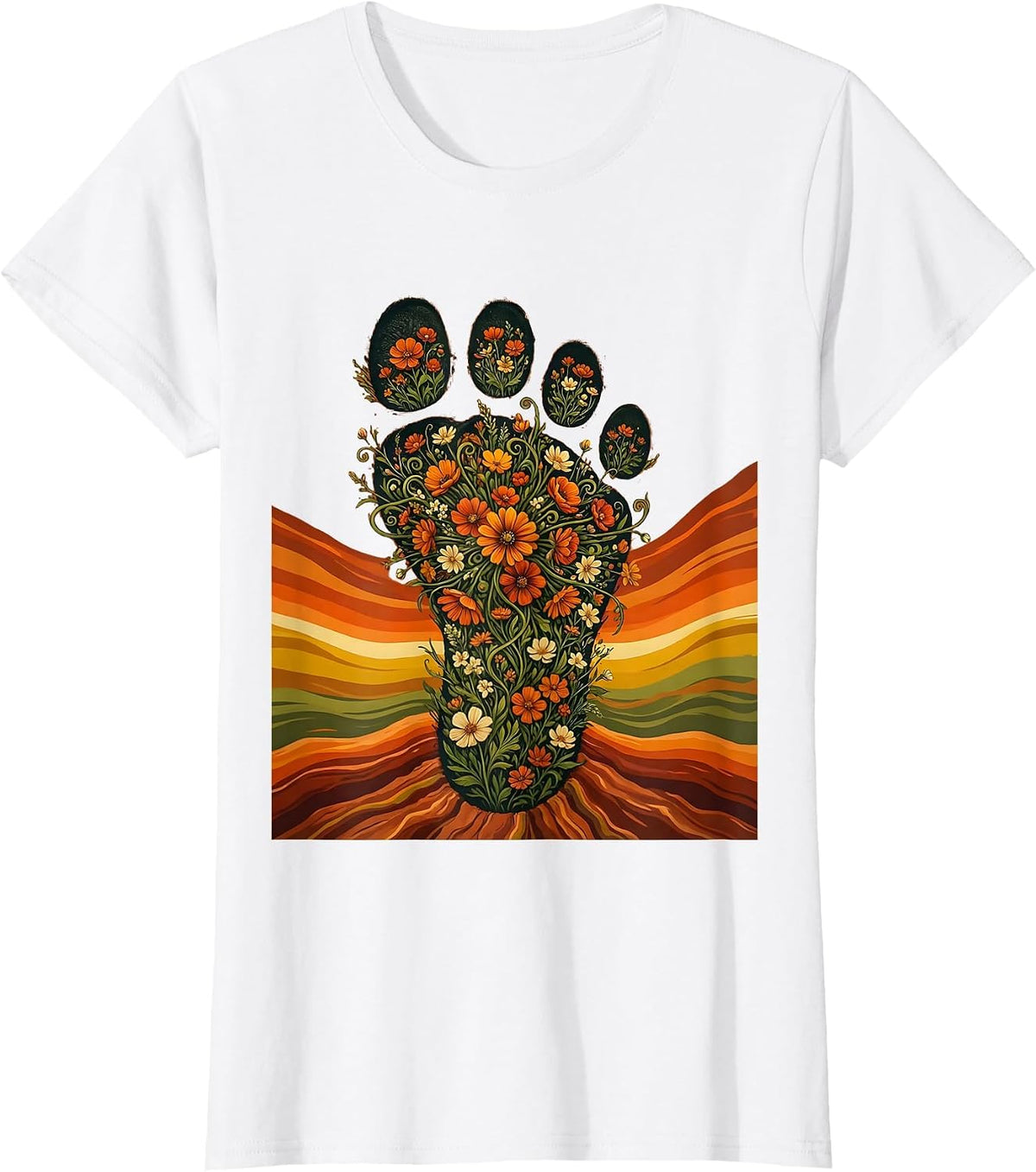 Women's Dino Footprint Blooming Flowers Dinosaur Design T-Shirt - White