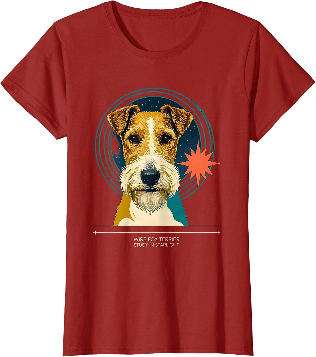 Women's Wire Fox Terrier, Study In Starlight Midcentury Modern Dog T-Shirt - Cranberry Red