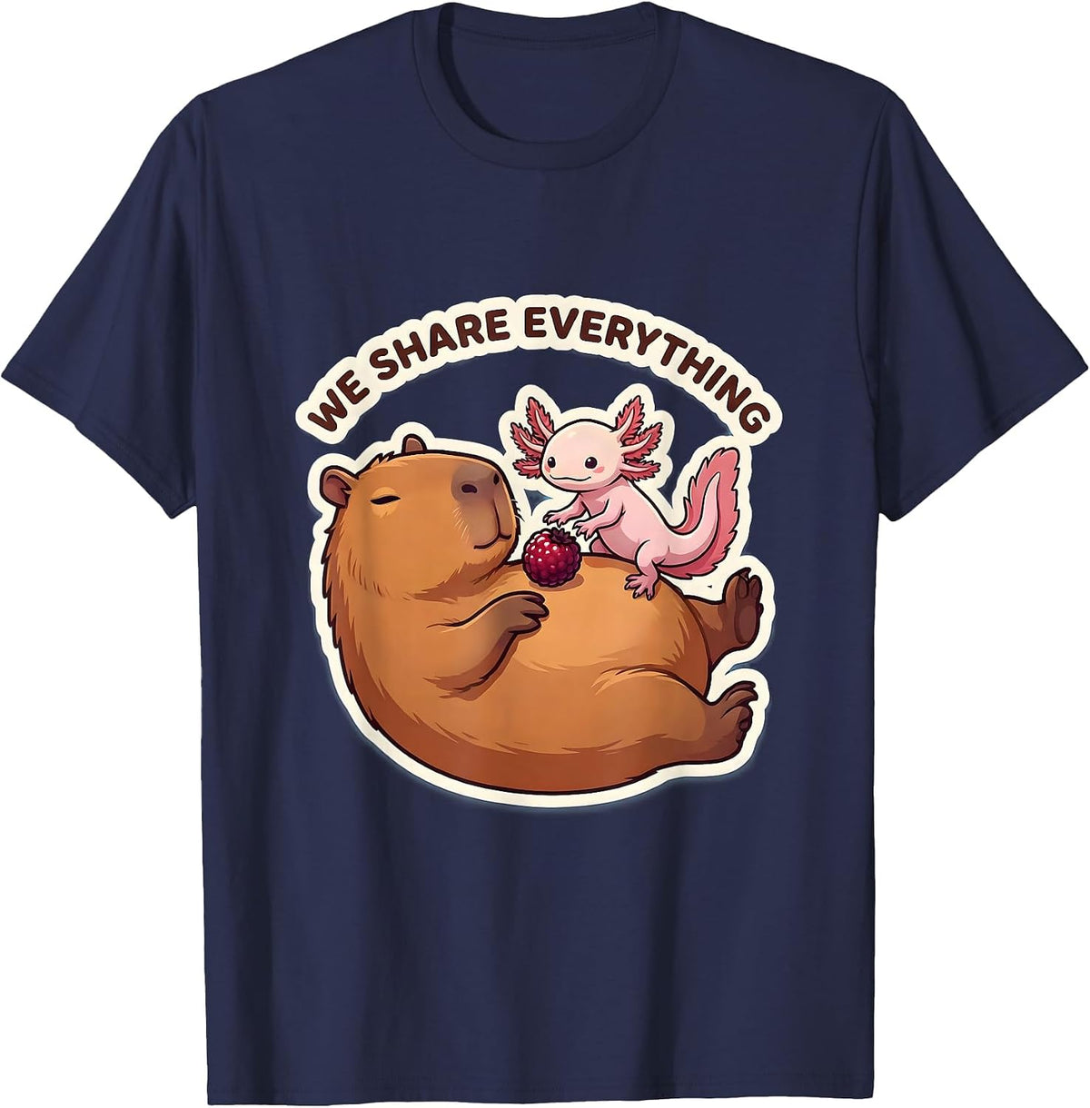 We Share Everything Cute Kawaii Capybara Axolotl Animal T-Shirt - Navy Blue