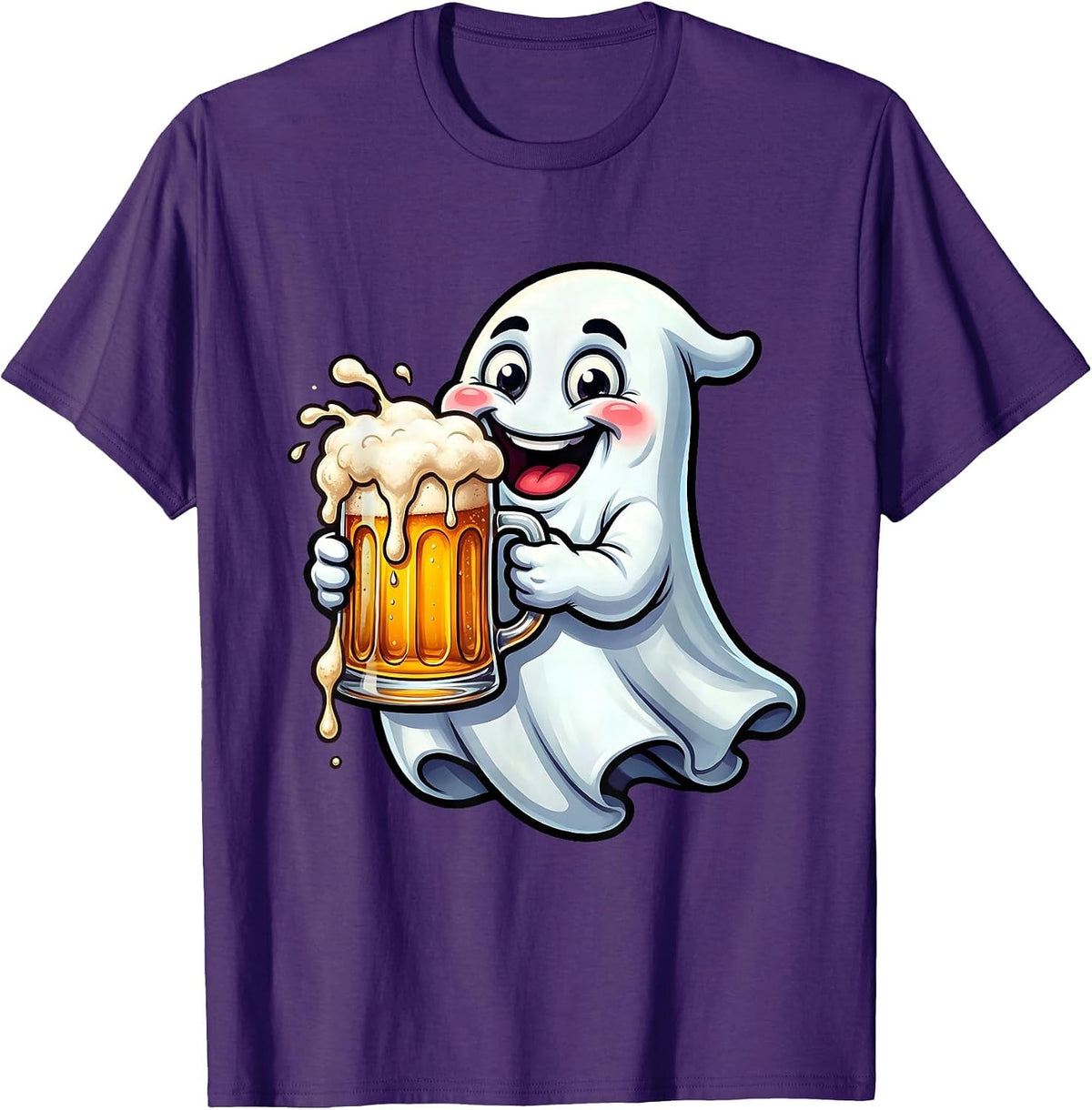 Men's Friendly Ghost Overflowing Beer Mug Illustration T-Shirt - Purple
