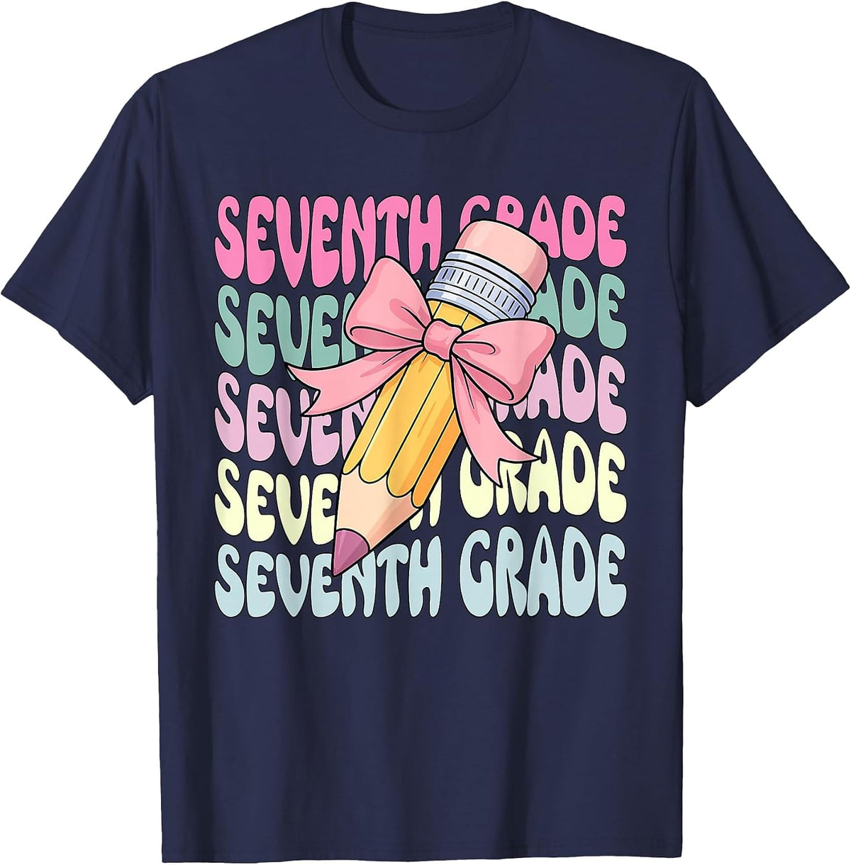 Back to School Seventh Grade Coquette First Day of 7th Grade T-Shirt - Navy Blue