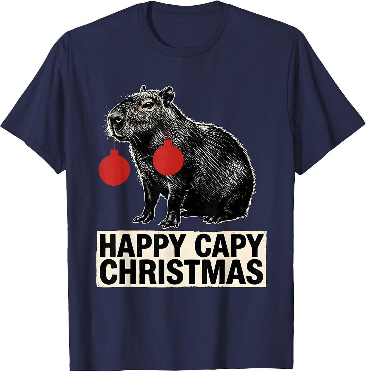 Happy Capy Christmas Linocut Funny Capybara Animal Lover T-Shirt - Navy Blue
