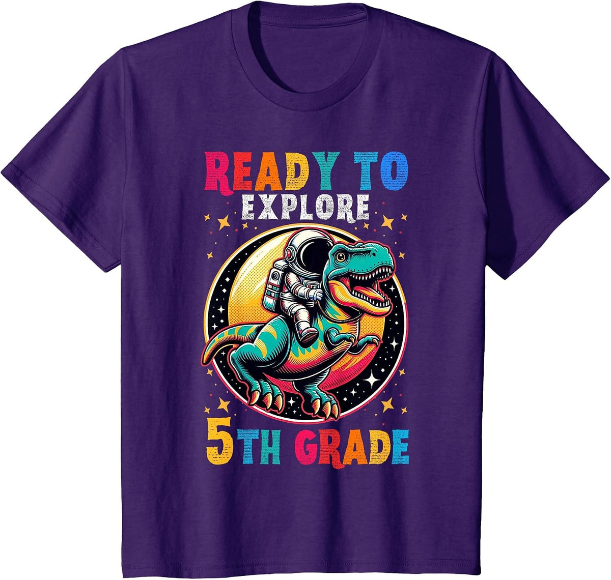 First Day Back to School 5th Grade Astronaut Dinosaur Boys T-Shirt - Purple