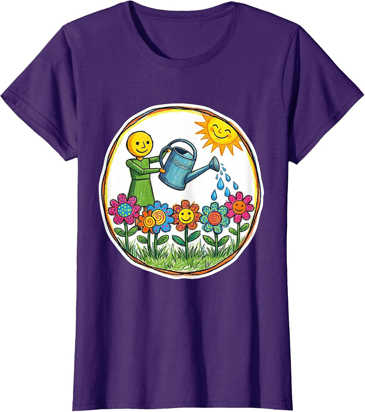 Women's Preschool Teacher Watering Children Flowers Art T-Shirt - Purple