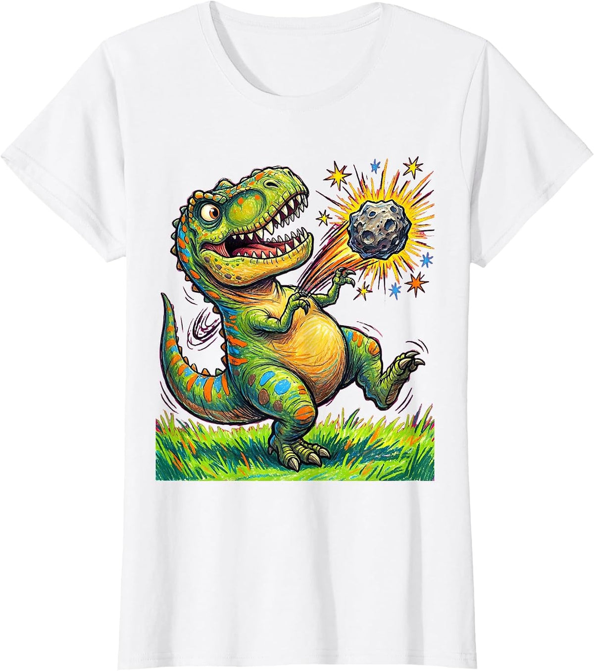 Women's T-Rex Throwing Meteor Funny Dinosaur Yeet T-Shirt - White