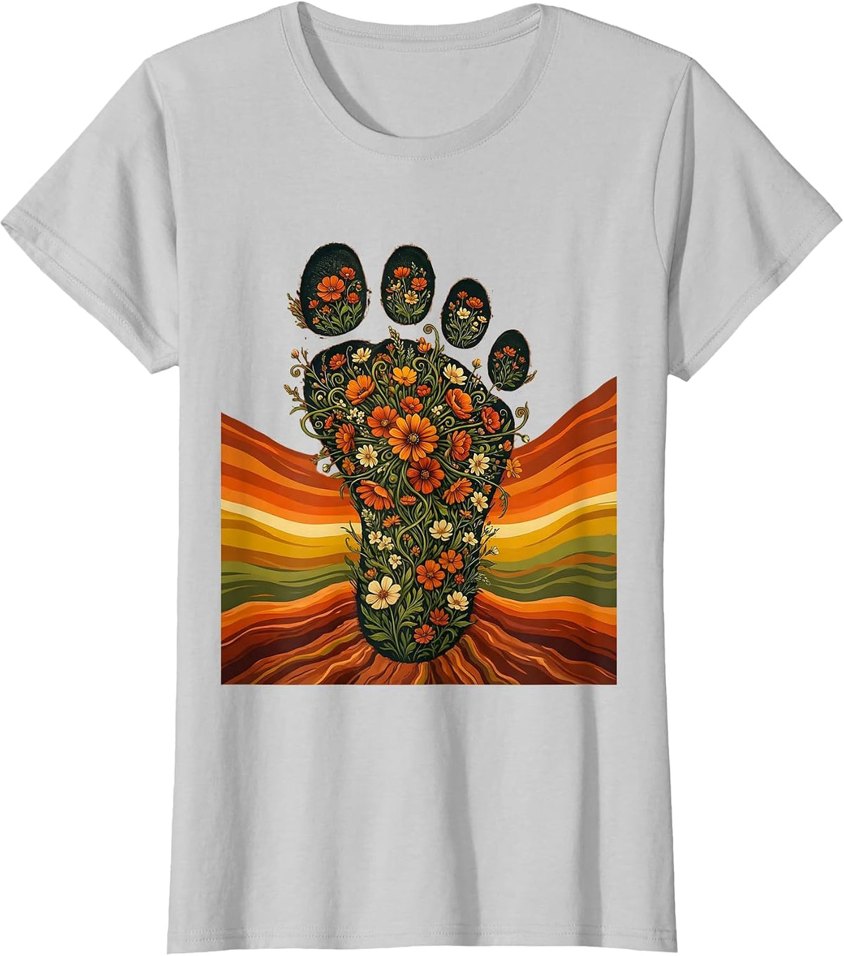 Women's Dino Footprint Blooming Flowers Dinosaur Design T-Shirt - Silver Grey