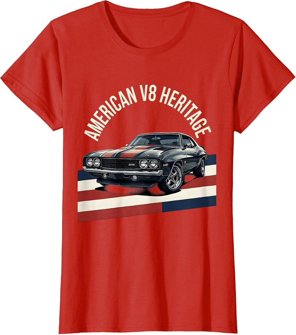 Women's American V8 Heritage Patriotic Vintage Muscle Car Enthusiast T-Shirt - Red