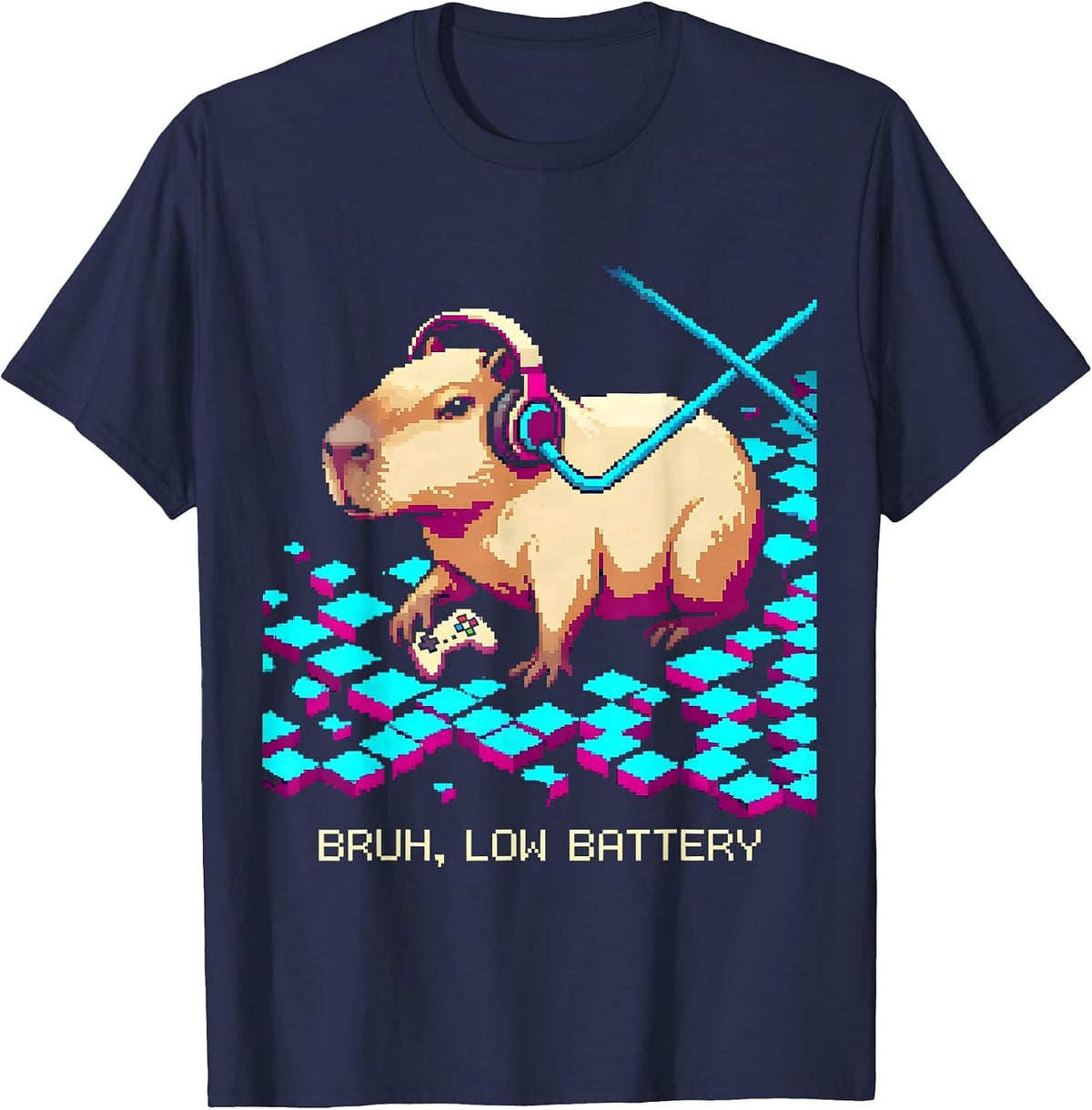 Bruh Low Battery Pixel Art Capybara Gamer Meme Humor T-Shirt - Navy Blue