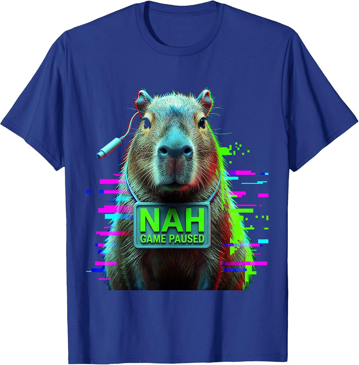 Nah, Game Paused Glitch Datamosh Funny Capybara Gamer Meme T-Shirt - Royal Blue