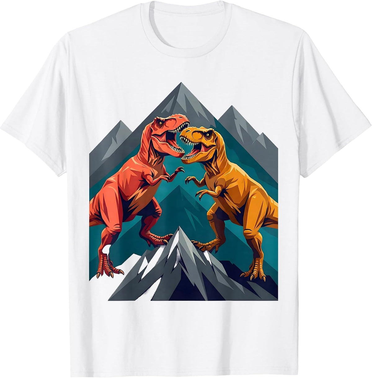 Men's T-Rex Battle on the Mountain Ridge Dinosaur T-Shirt - White