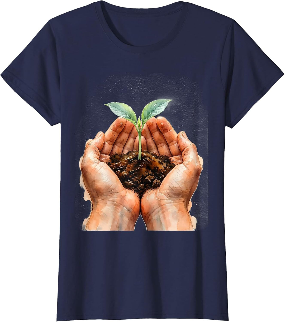 Women's Occupational Therapy Nurturing Hands Seedling Design T-Shirt - Navy Blue