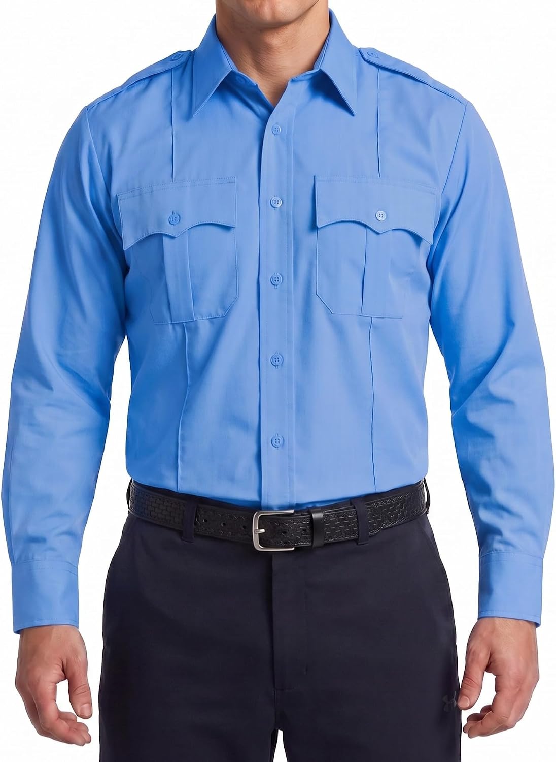 First Class Men's Polycotton Long Sleeve Uniform Shirt - Tactical Work Utility and Safety Security Shirt - Light Blue